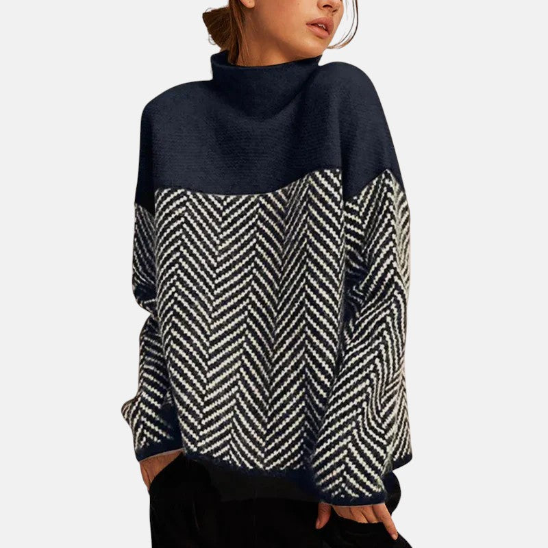 High-Neck Knit Sweater for Women – Cotton-Rich Fabric, Ribbed Cuffs and Hem