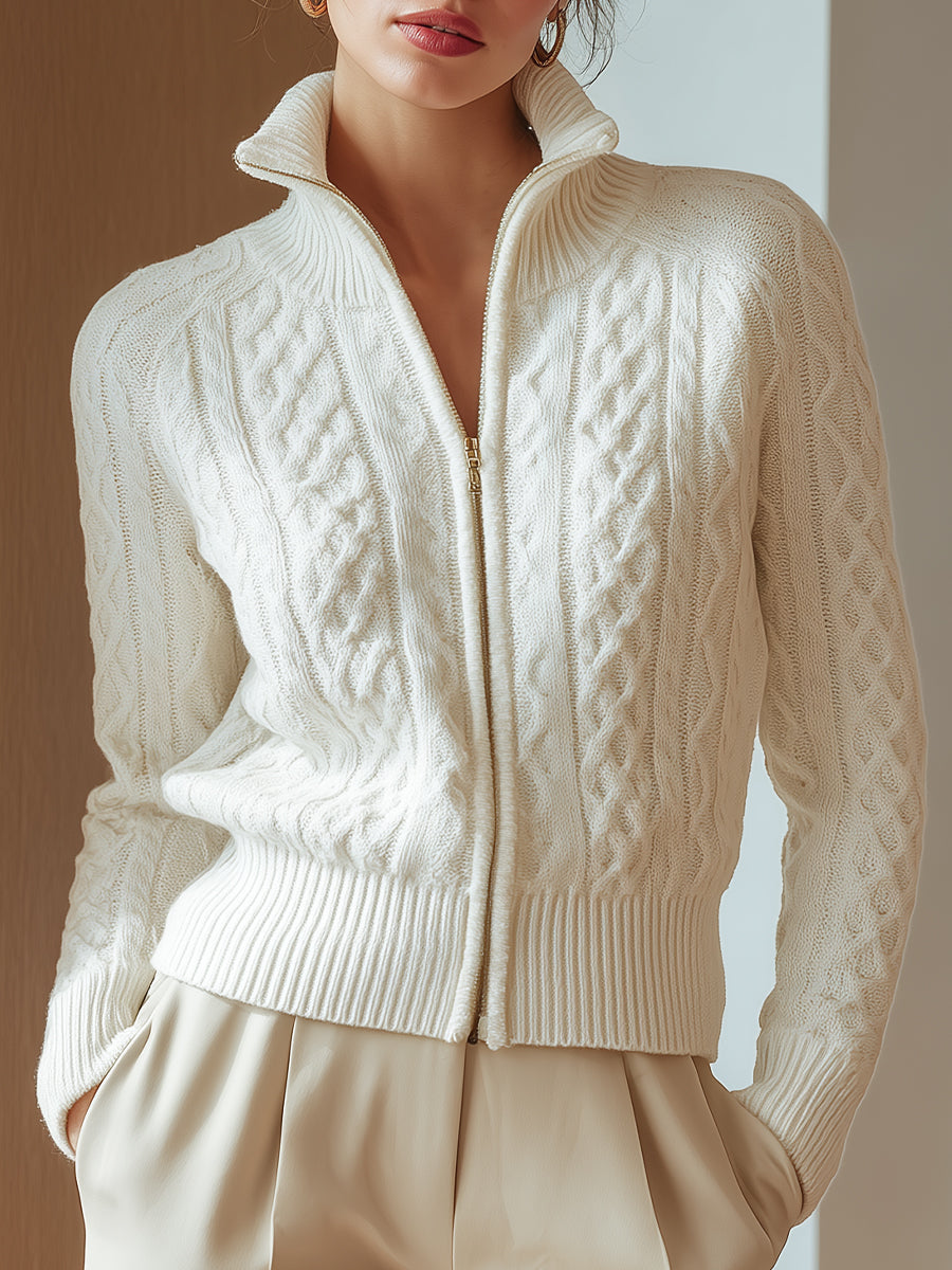 High-Neck Knit Sweater for Women – All-Over Print, Warm Lining in White