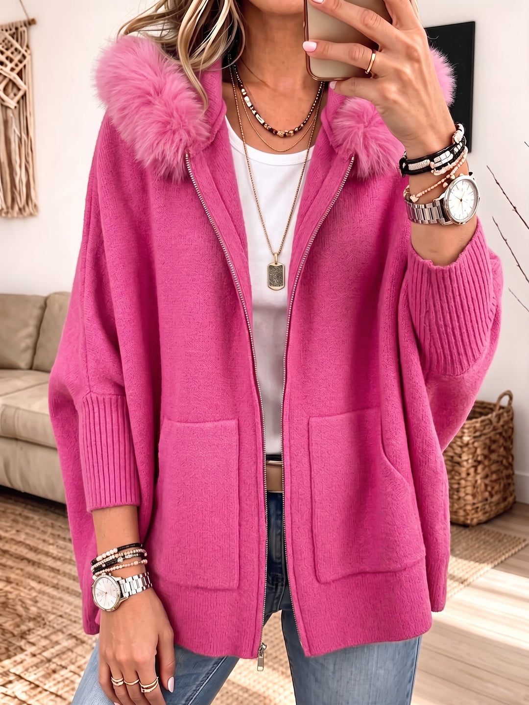 Full-Zip Hooded Knit Jacket for Women – Warm Lining, Structured Shoulders