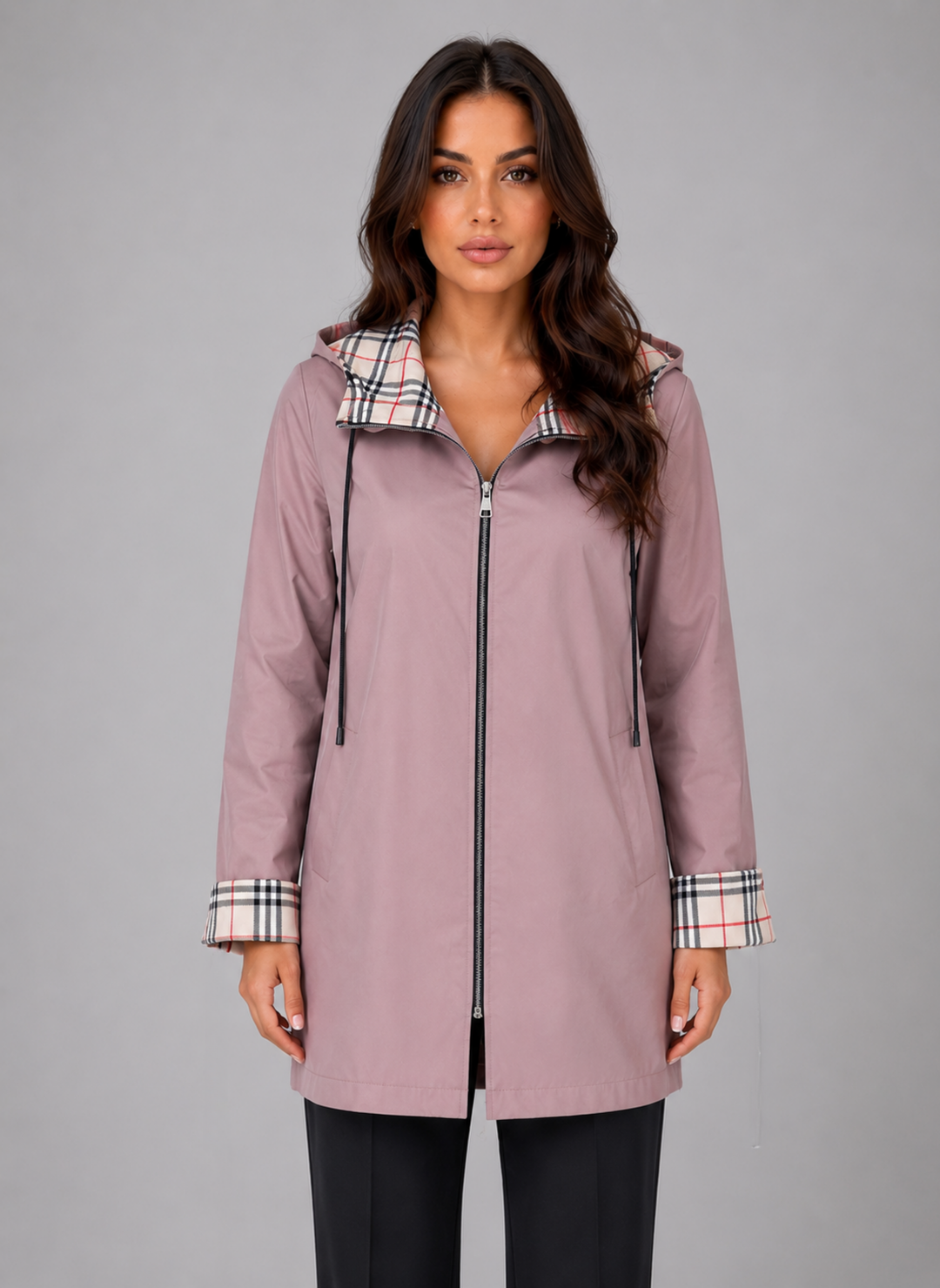 Longline Hooded Raincoat for Women – Full Zip, Drawcord Details, Check Lining