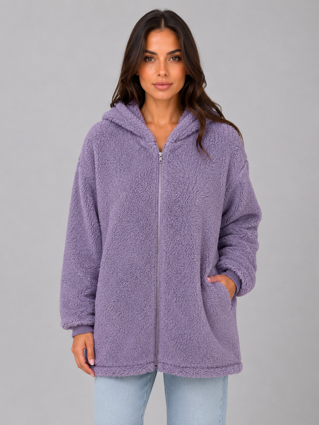 Longline Zip-Front Hooded Teddy Fleece Jacket for Women – Patch Pockets, Ribbed Cuffs