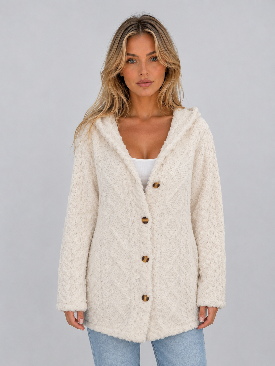 Longline Hooded Teddy Fleece Cardigan for Women – Button Front, Plush Texture