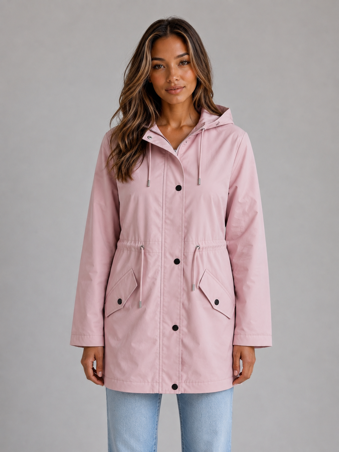 Hooded Rain Parka for Women – Drawstring Waist, Storm Flap Zip in Pink
