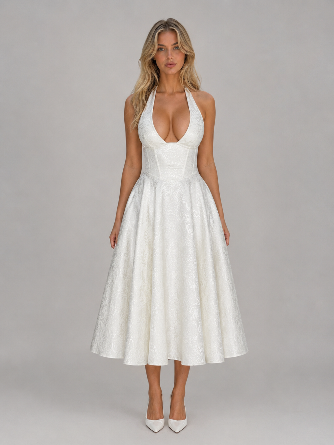 Jacquard Halter Midi Dress for Women – Plunging Neckline, Fitted Bodice, Full Skirt