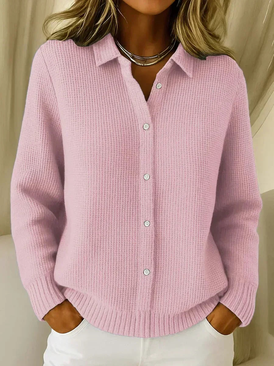 All-Over Print Knit Cardigan for Women – Button-Front, Warm Lining