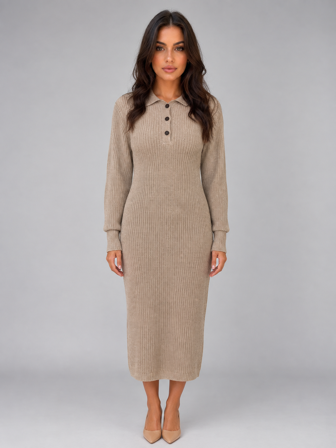 Polo Collar Knit Midi Dress for Women – Button Neck, Ribbed Cuffs and Hem