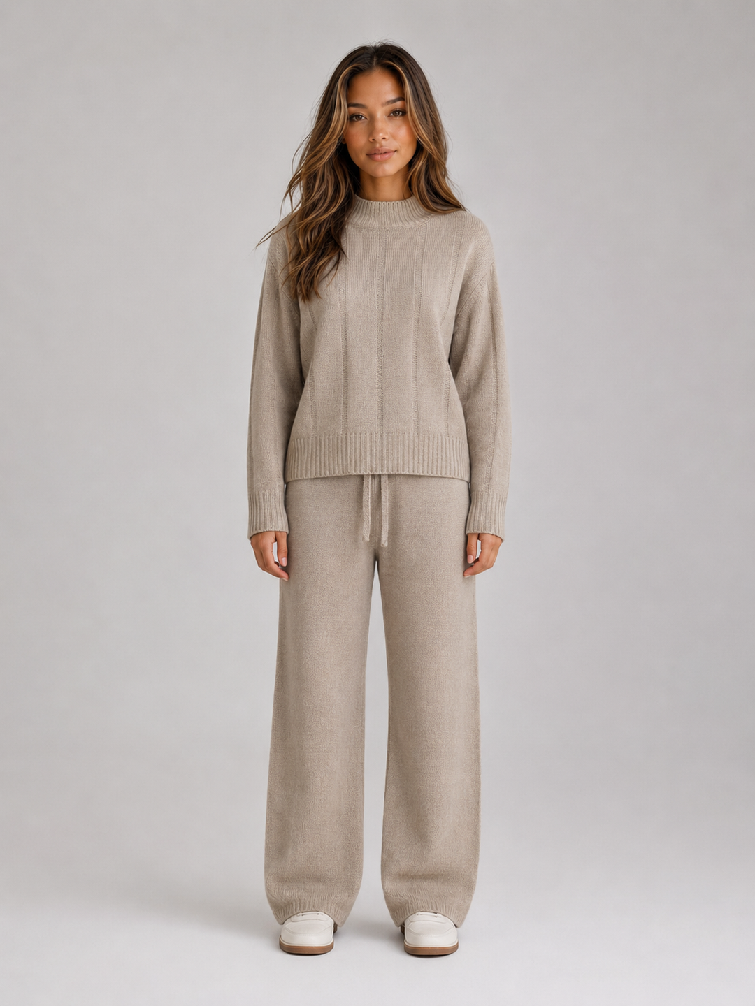 Knit Mock Neck Sweater and Wide-Leg Pants Lounge Set for Women – Two-Piece in Beige