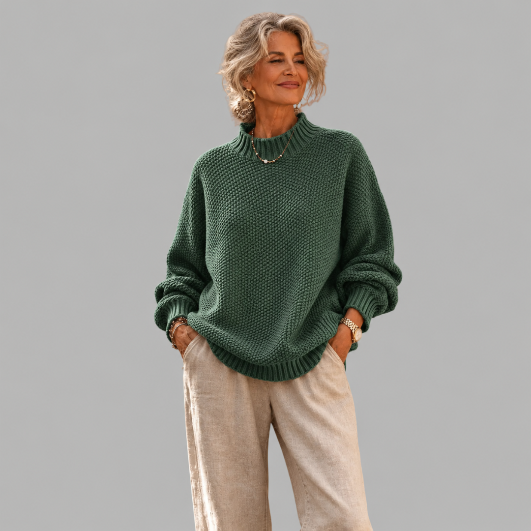 High-Neck Ribbed Knit Sweater for Women – Warm Lining, Ribbed Cuffs and Hem