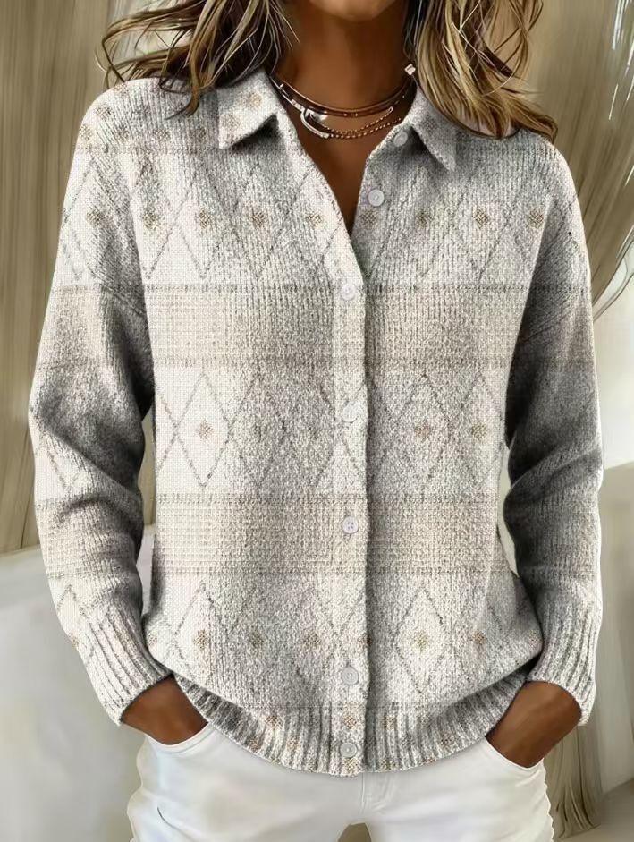 Sheer Panel Print Knit Cardigan for Women – Button-Front, Warm Lining in Ecru