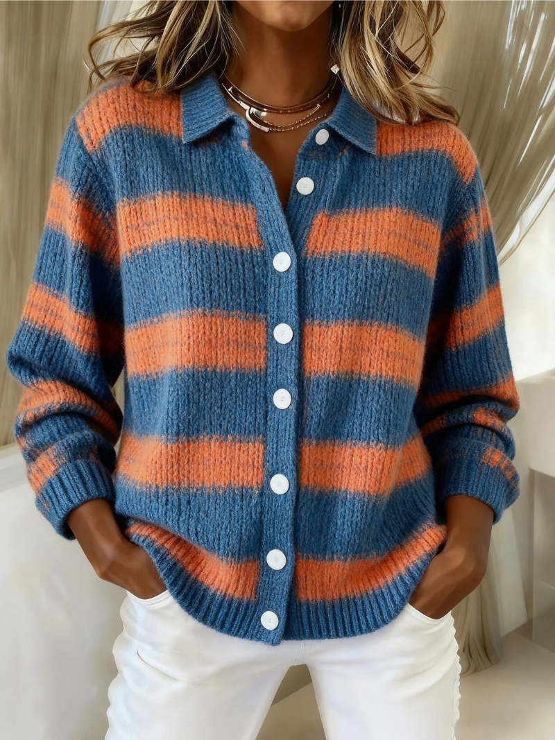 Striped Knit Cardigan for Women – Relaxed Fit, Clean Front in Orange & Blue