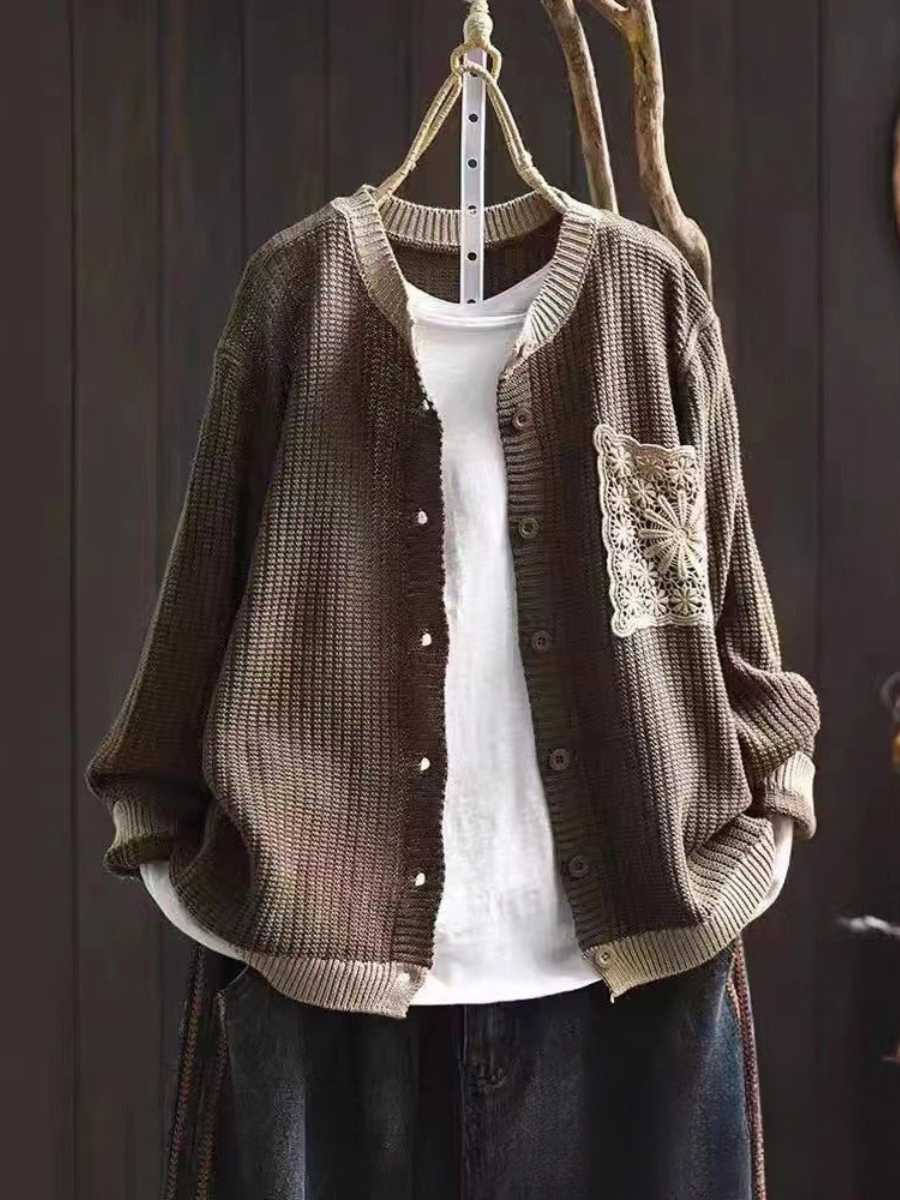 Roll Neck Knit Cardigan for Women – Side Pockets, One-Size Relaxed Fit
