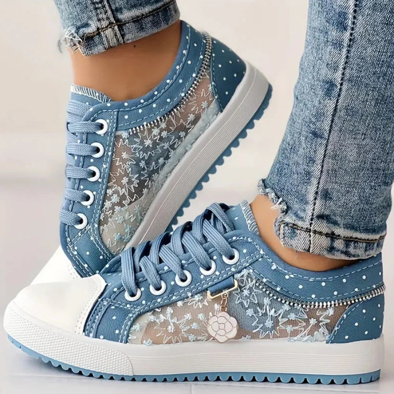 Denim Lace-Up Sneakers for Women – Floral Print, Lace Detailing, Cushioned Insole