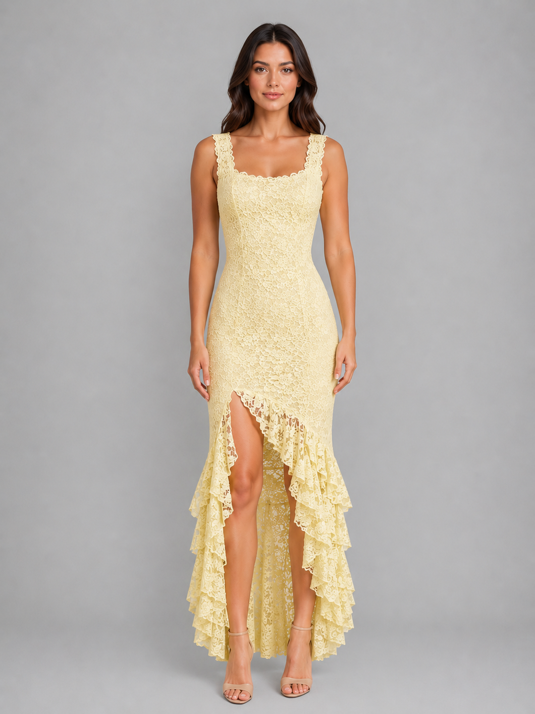 High-Low Lace Maxi Dress for Women – Floral Stretch Lace, Square Neckline, Ruffle Hem