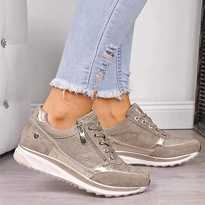 Lace-Up Wedge Sneakers for Women – Faux Leather, Supportive Footbed, Cushioned Insole