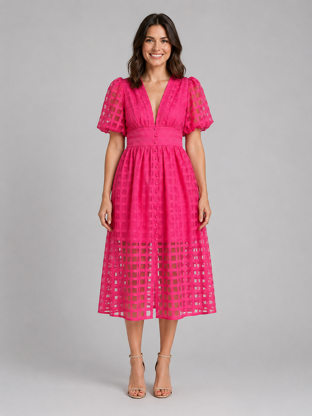 Puff Sleeve Midi Dress for Women – Deep V-Neck, Lattice Detail, Fitted Waistband, Front Buttons