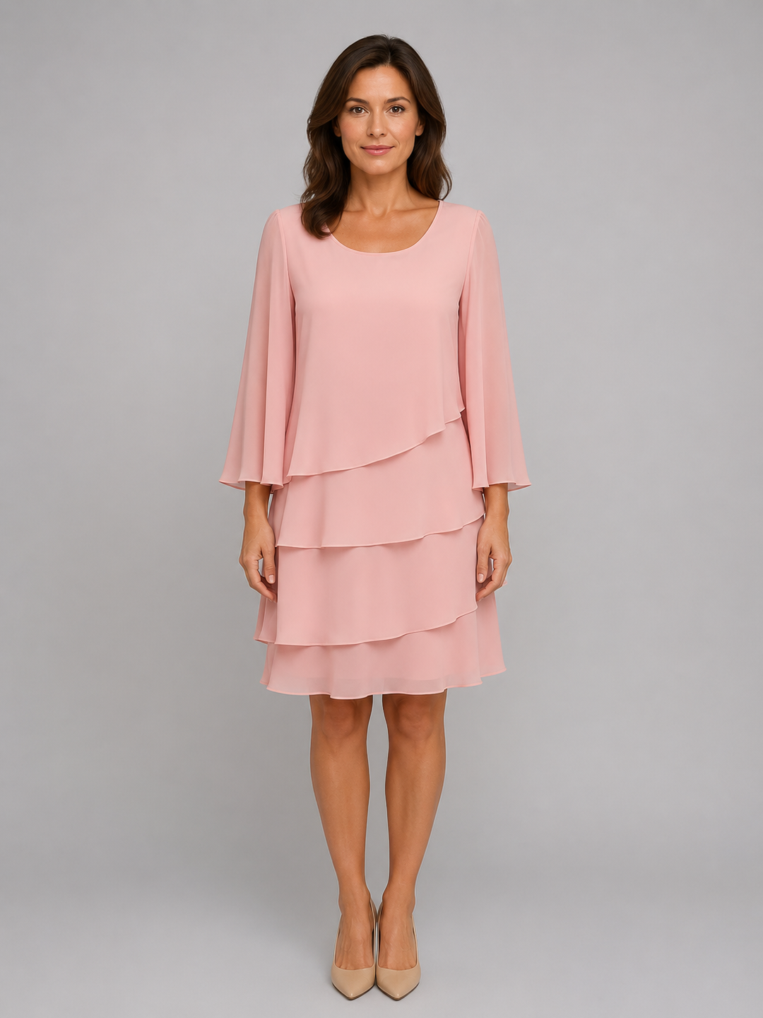 Layered Chiffon-Feel Shift Dress for Women – Round Neckline, Three-Quarter Split Sleeves