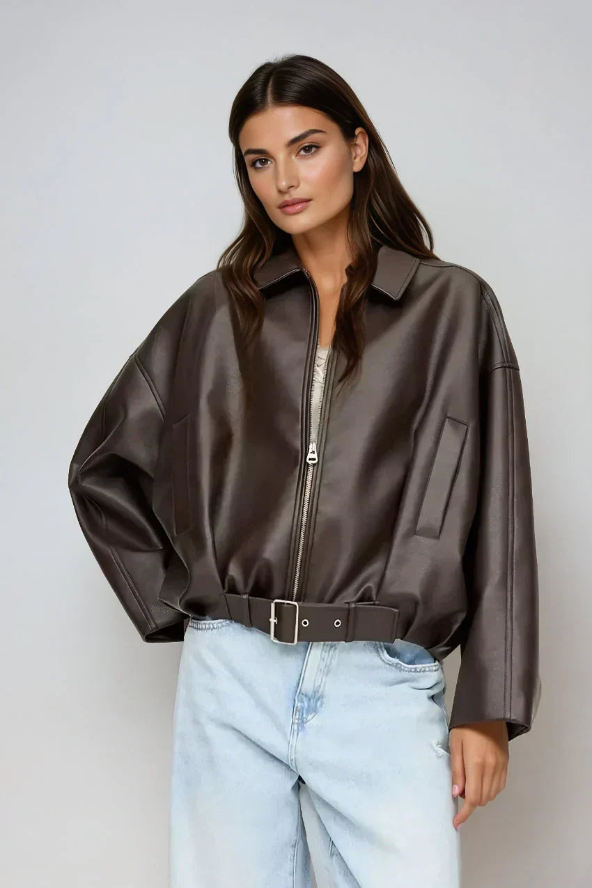 Oversized Leather-Look Belted Jacket for Women – Structured Shoulders in Brown