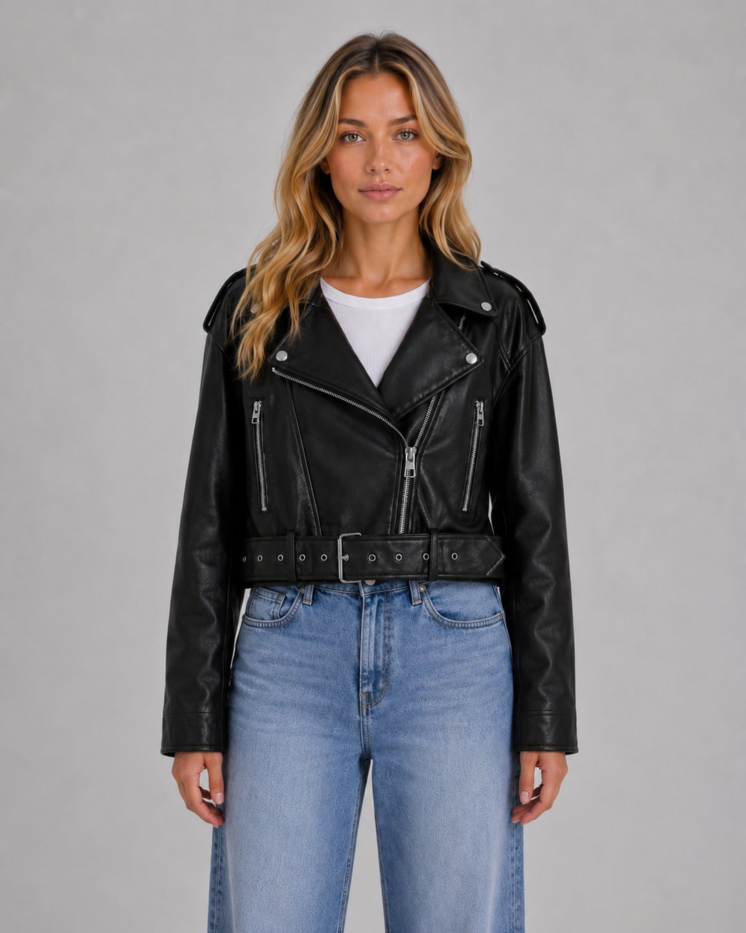 Faux Leather Moto Jacket for Women – Cropped Length, Asymmetric Zip, Belted Waist in Black