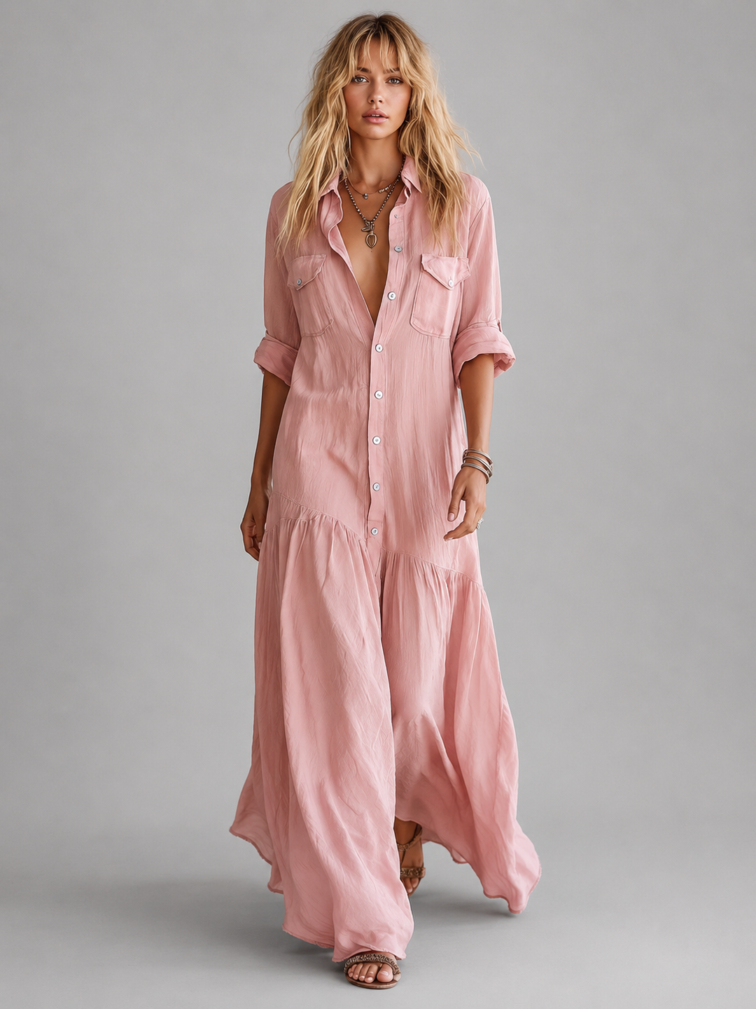 Linen-Look Button-Front Maxi Dress for Women – V-Neck, Ruffled Hem, Pockets in Pink