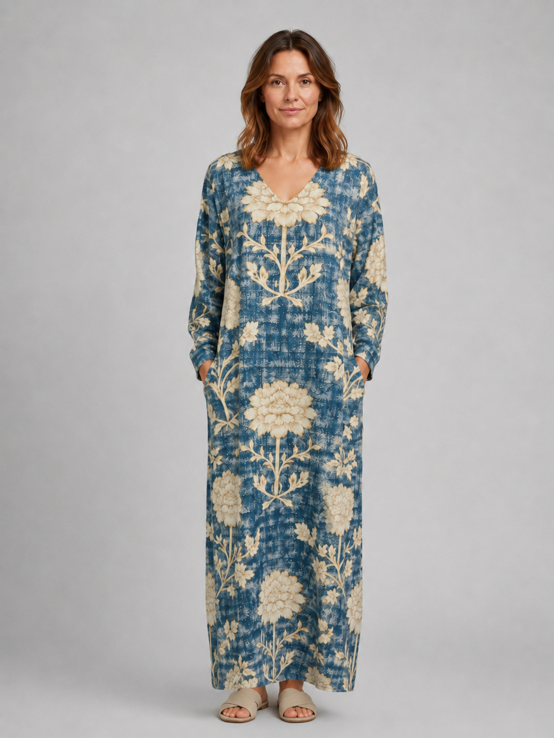 Linen-Look A-Line Midi Dress for Women – V-Neck, Long Sleeves, Hidden Pockets in Dusty Blue