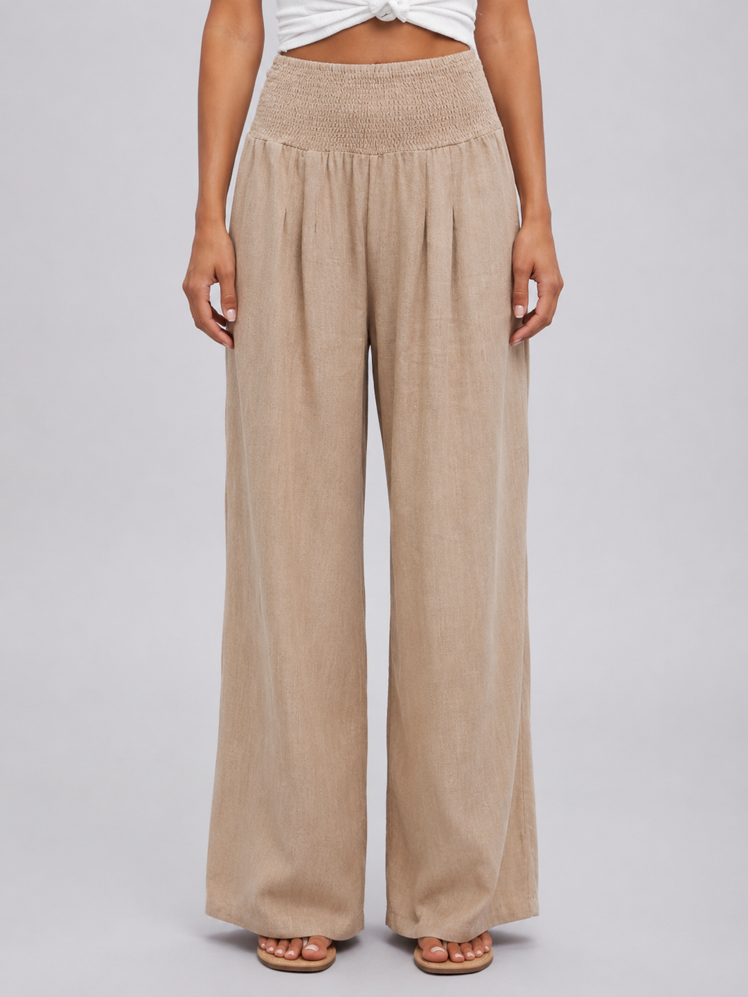 Linen-Look Wide-Leg Pants for Women – Smocked High Waist, Front Pleats, Pull-On