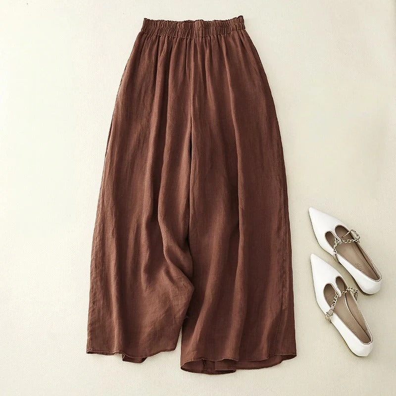 Printed Linen-Look Pants for Women – All-Over Print, Comfortable Waistband