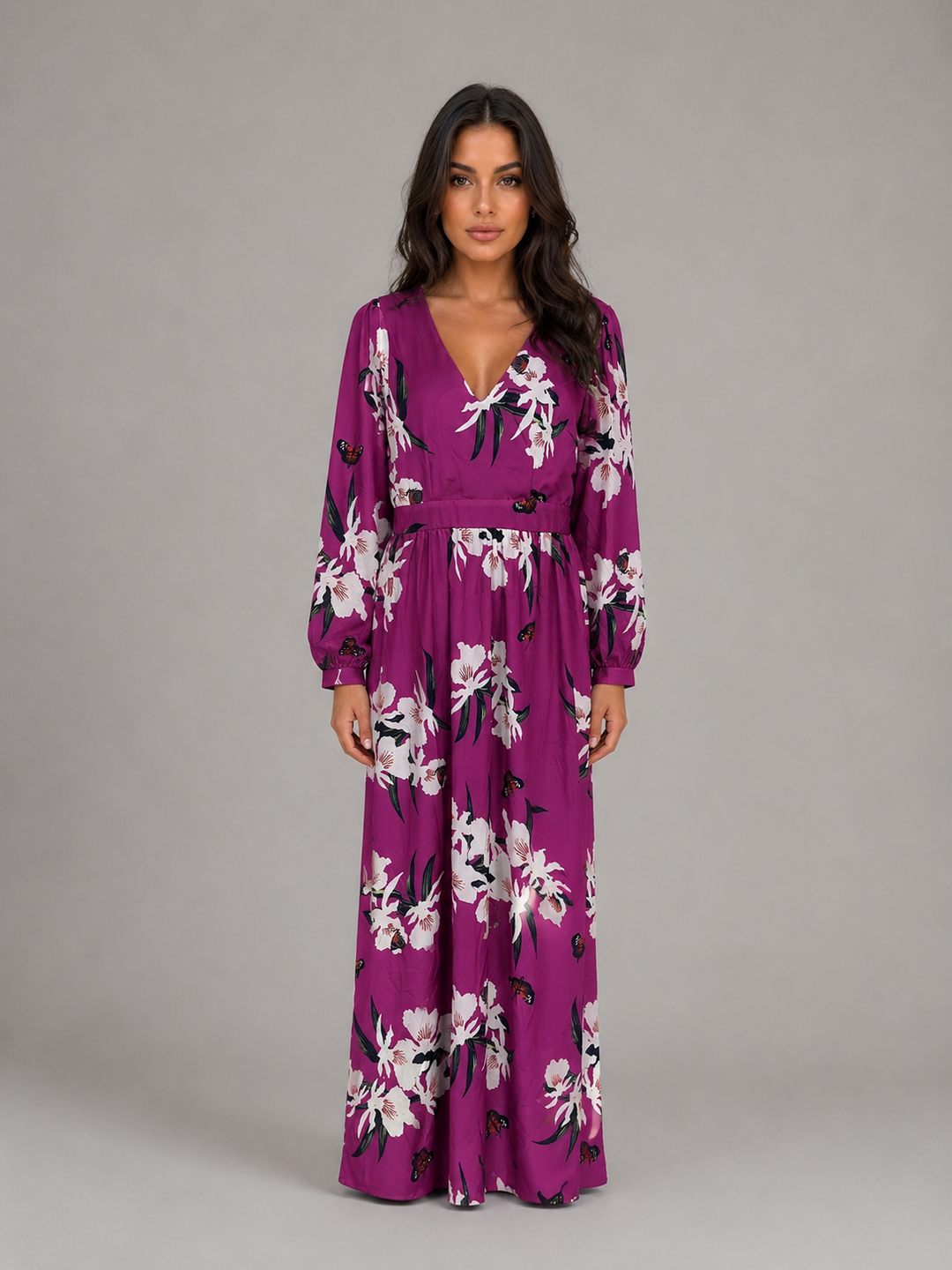 Long Sleeve Floral Maxi Dress for Women – V-Neckline, Gathered Cuffs, Waist Tie in Purple