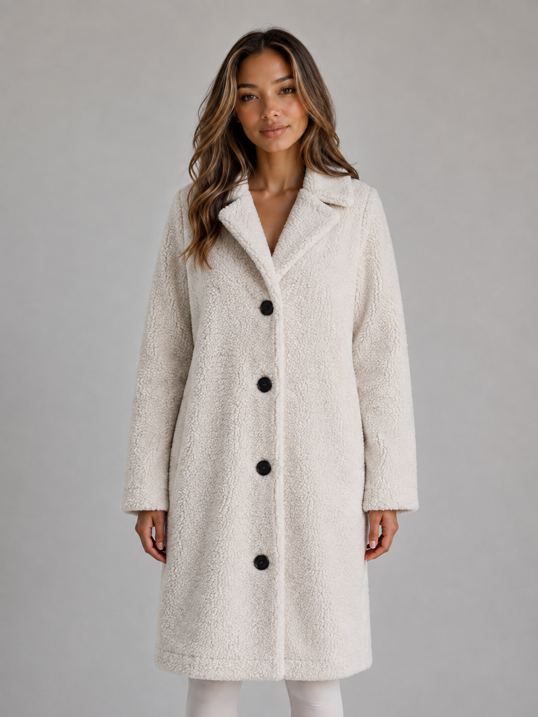 Longline Faux Shearling Teddy Coat for Women – Notched Lapel, Button Front