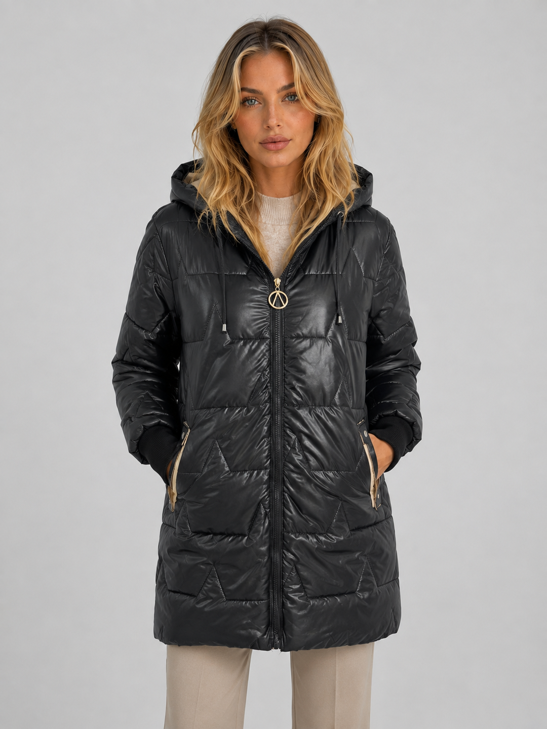Quilted Longline Puffer Coat for Women – Drawstring Hood, Full Zip, Side Pockets