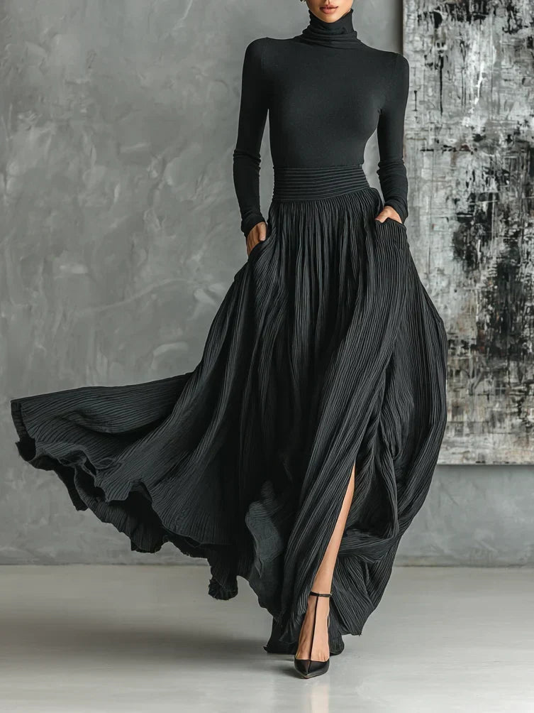 Pleated Knit Maxi Skirt for Women – Comfortable Waistband, Clean Uninterrupted Line