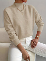 Women's Mock-Neck Ribbed Knit Sweater in Beige, on model