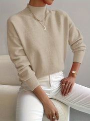 Women's Mock-Neck Ribbed Knit Sweater in Beige