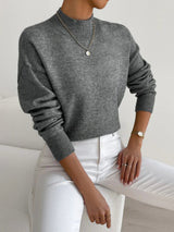 Women's Mock-Neck Ribbed Knit Sweater in Dark Grey, on model