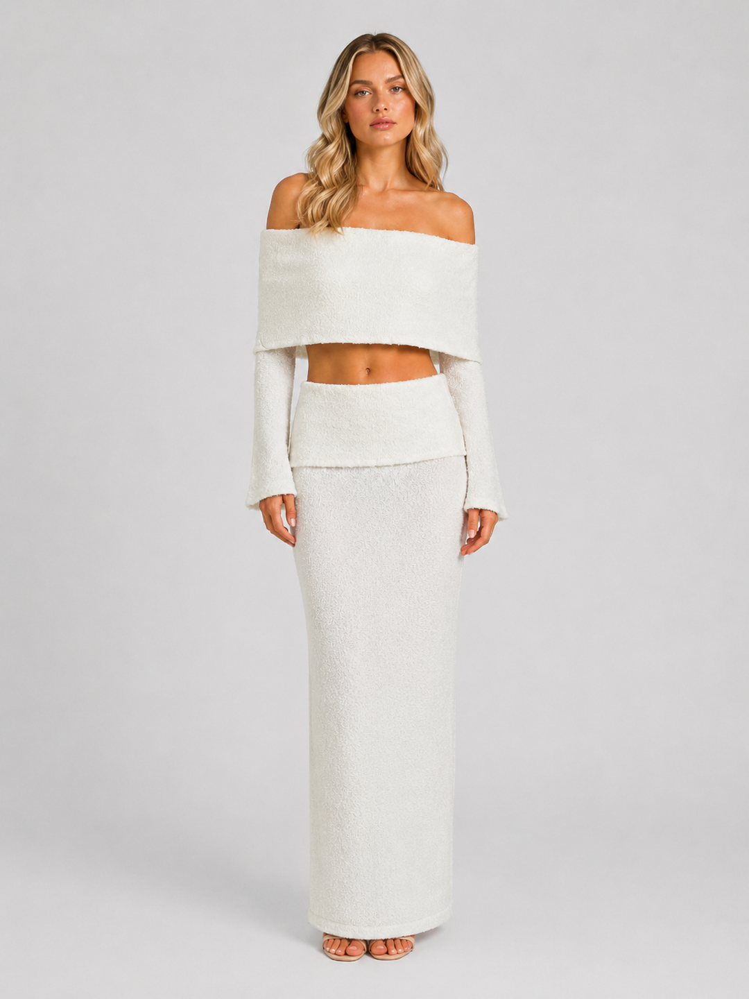 Off-Shoulder Top and High-Waisted Maxi Skirt Set for Women – Flared Cuffs in White