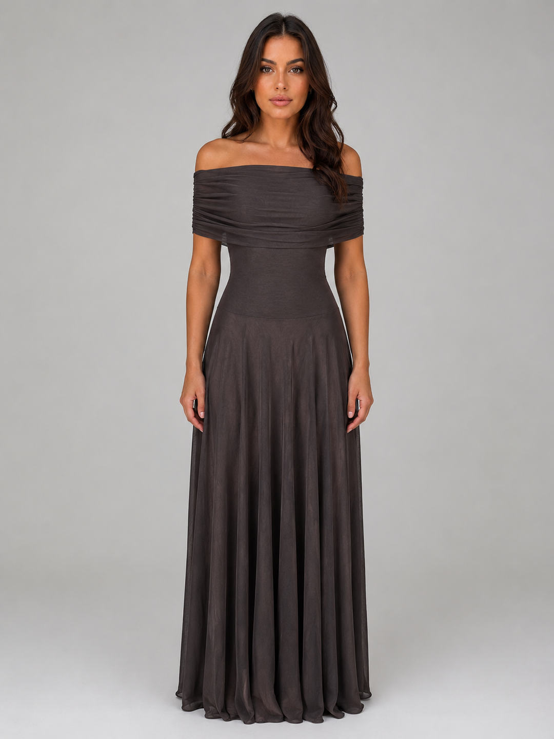 Off-Shoulder Ruched Mesh Maxi Dress for Women – Fitted Bodice, Draped Detail, Fully Lined