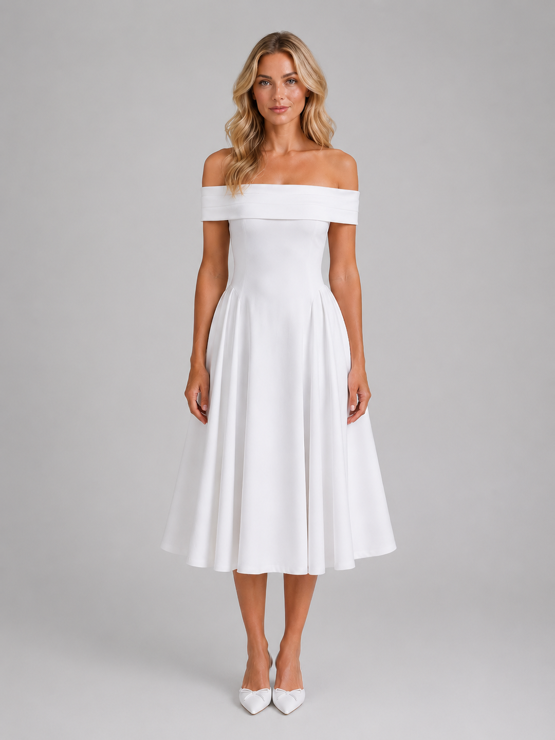 Off-Shoulder Pleated Midi Dress for Women – Folded Neckline, Fitted Bodice