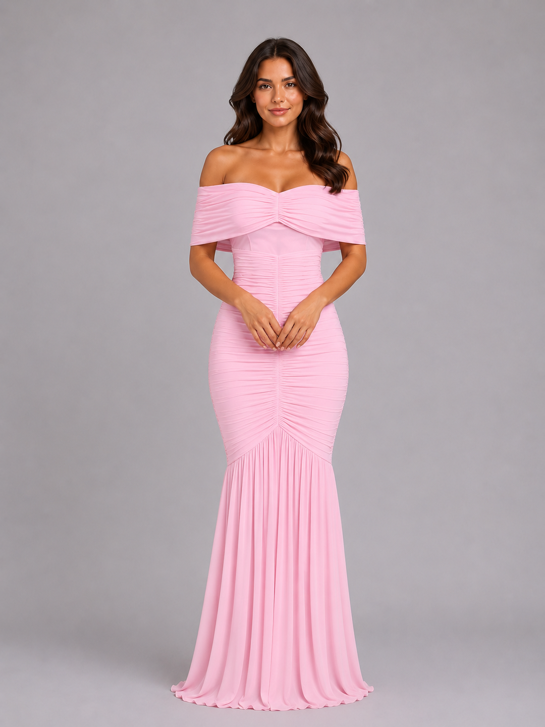 Bodycon Ruched Gown for Women – Off-Shoulder Neckline, Fitted Waist and Hips, Light Stretch