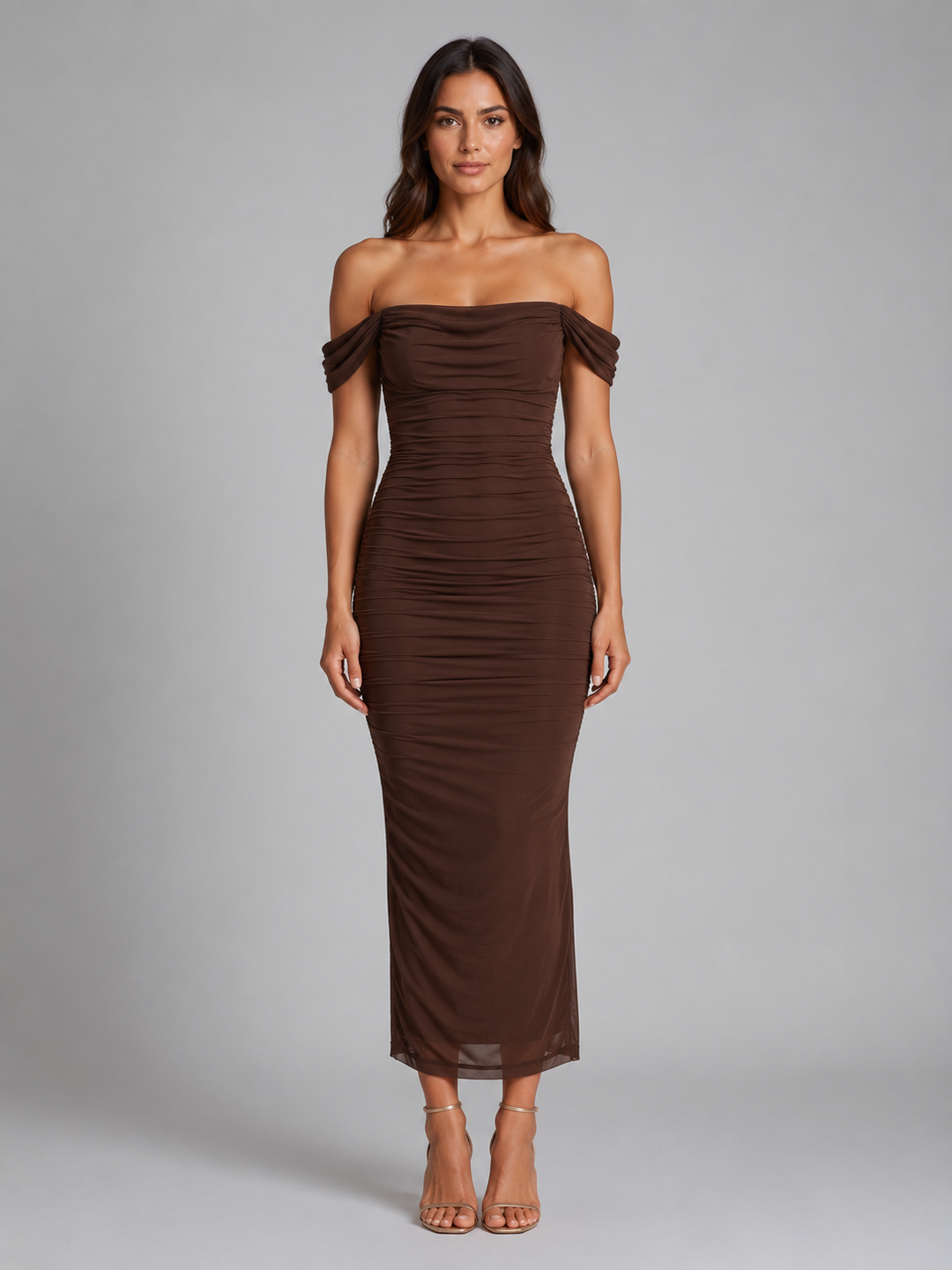 Off-Shoulder Mermaid Maxi Dress for Women – Ruched Bodycon Fit, Draped Neckline