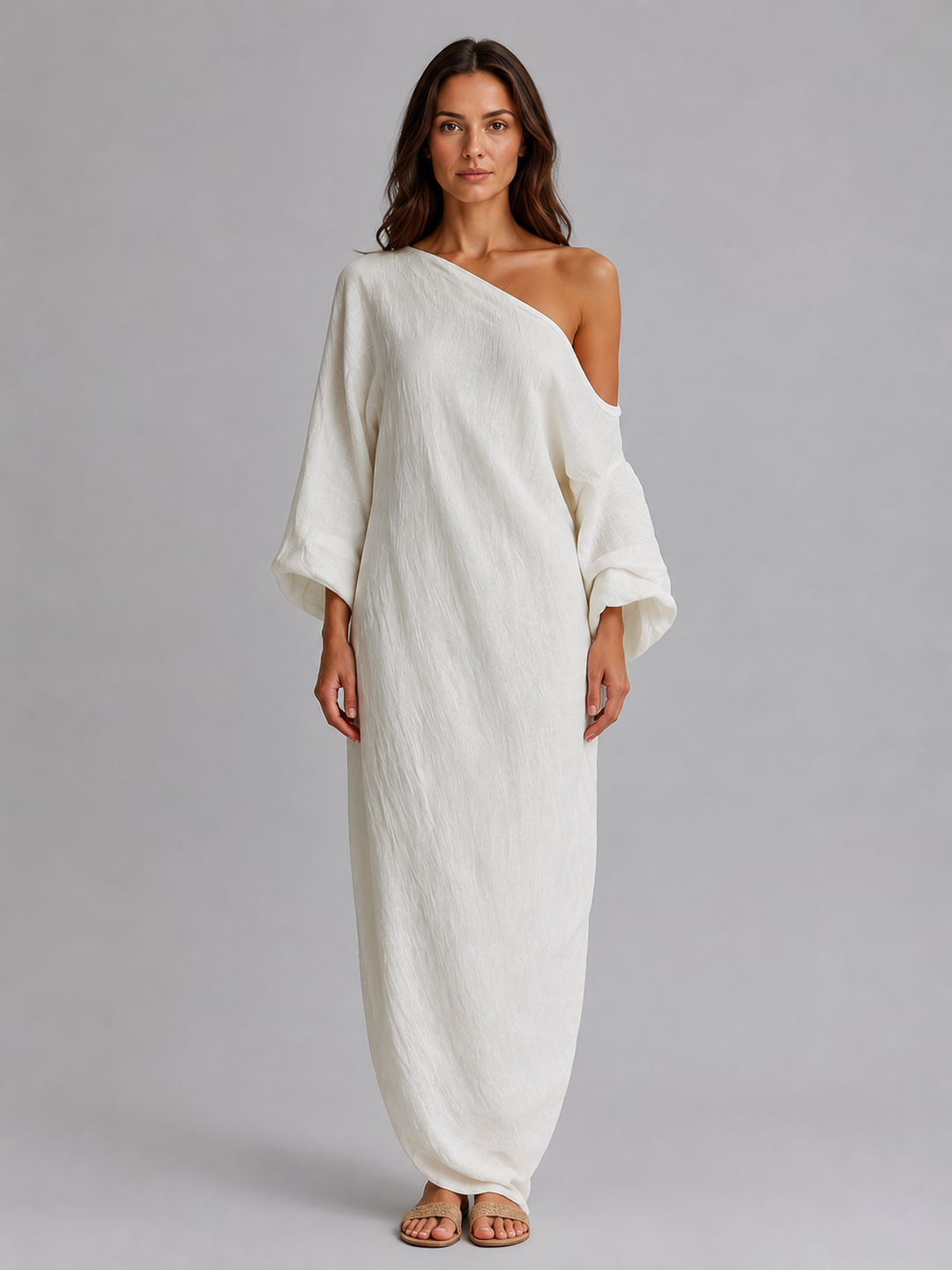 One-Shoulder Draped Maxi Dress for Women – Asymmetric Neckline, Textured Fabric