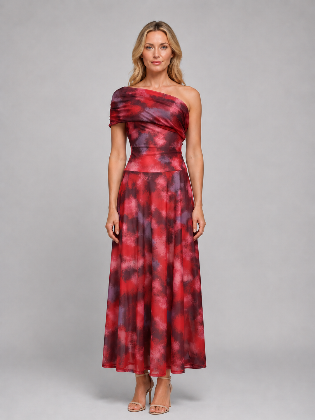 One-Shoulder Abstract Print Maxi Dress for Women – Draped Neckline, Fitted Waist