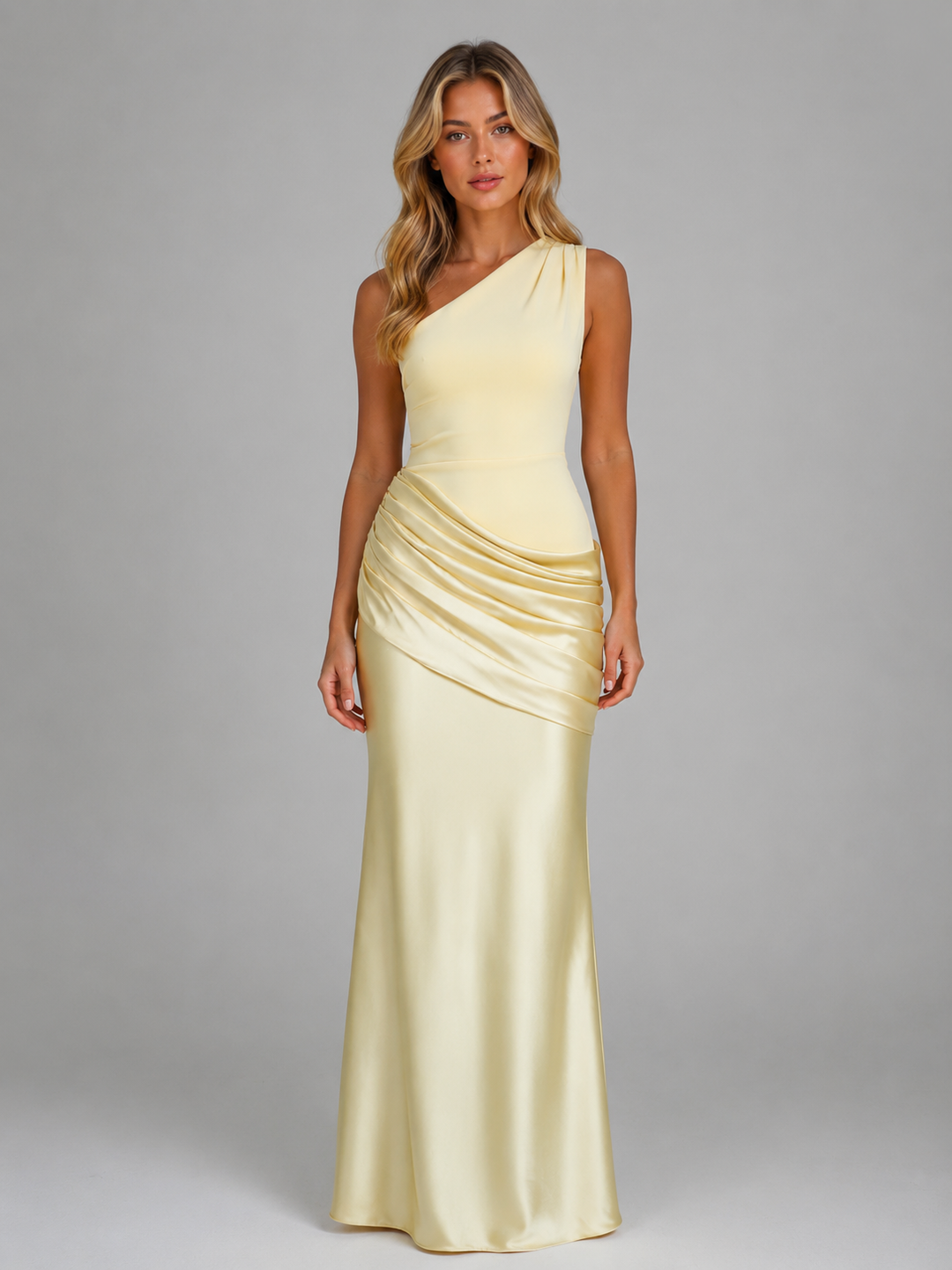 One-Shoulder Satin-Look Bodycon Maxi Dress for Women – Ruched Waist and Hip, Side Zip