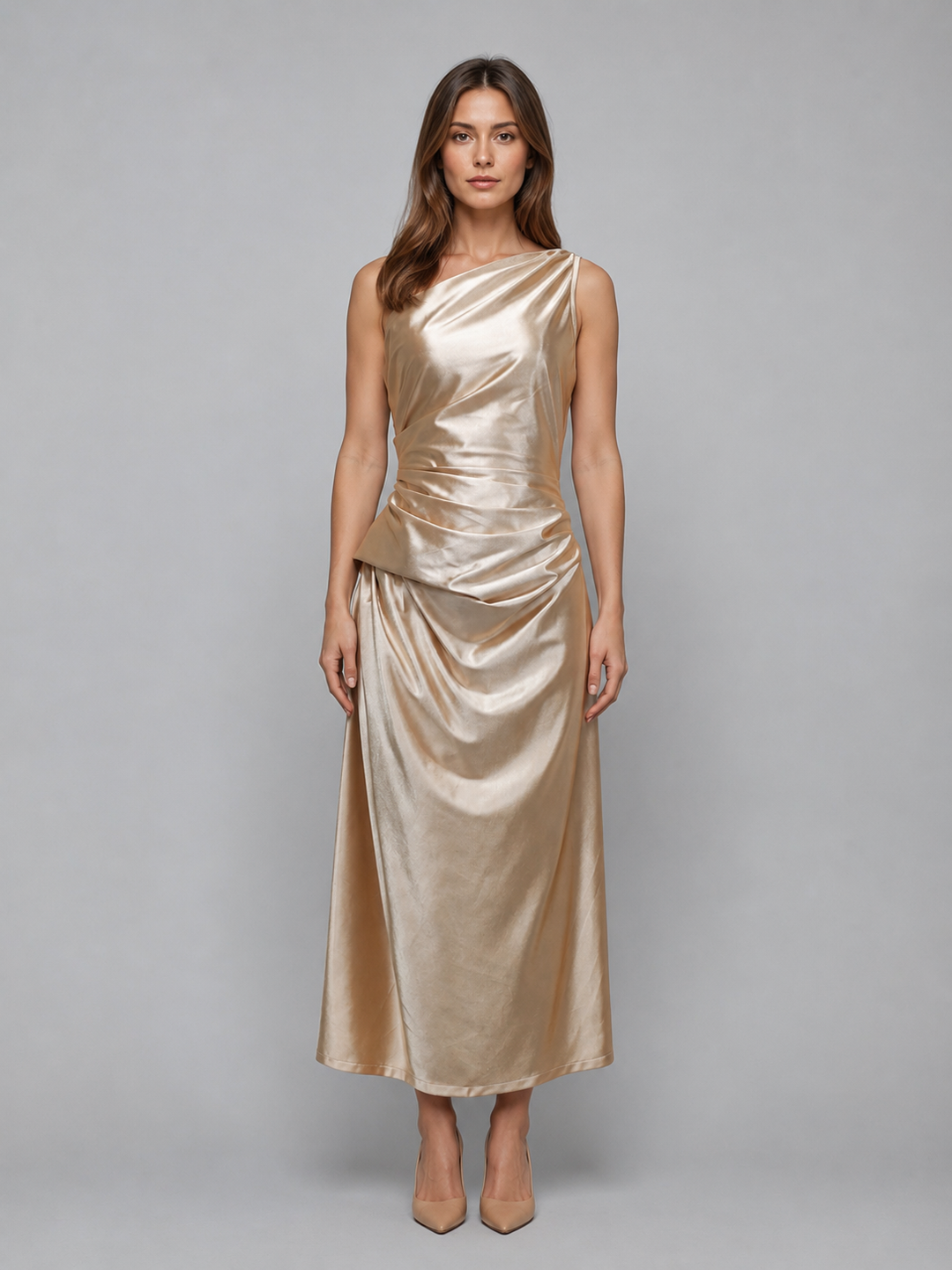 Asymmetric One-Shoulder Satin-Look Midi Dress for Women – Ruched Bodice, Soft Draping