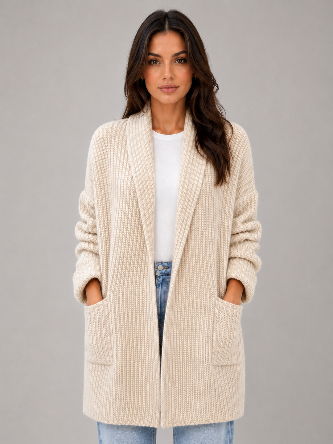 Longline Open-Front Cardigan for Women – Shawl Collar, Patch Pockets, Soft Knit