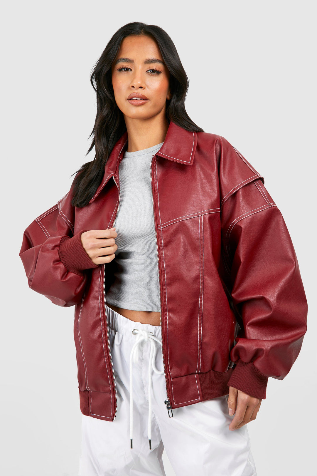 Oversized Leather-Look Bomber Jacket for Women – Full Zip, Structured Shoulders