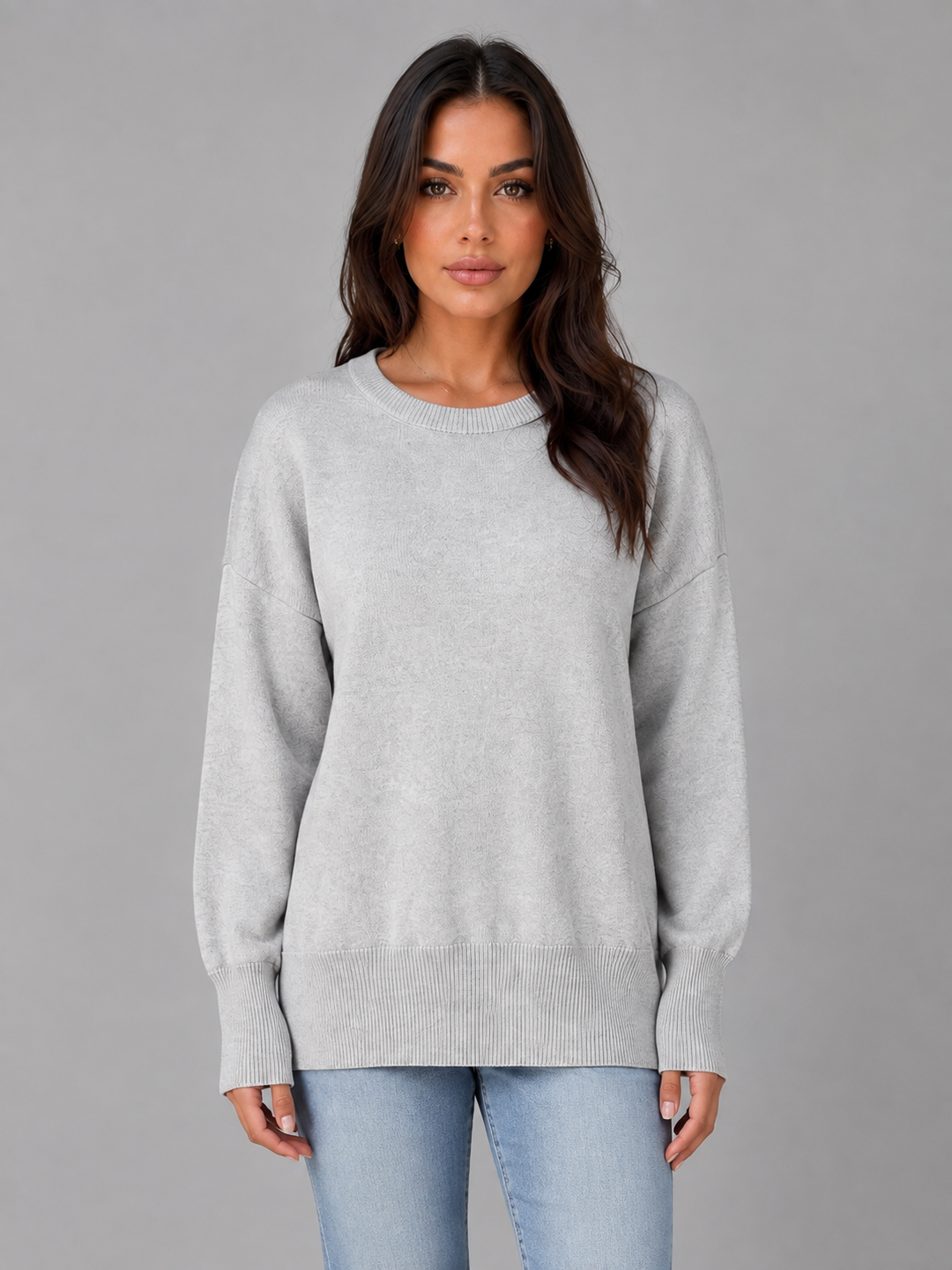 Oversized Crew Neck Knit Sweater for Women – Viscose Blend, Dropped Shoulders, Ribbed Trim