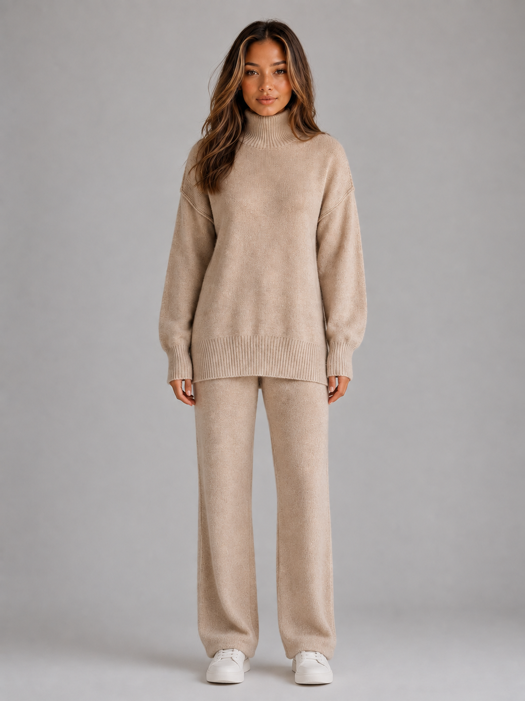 Oversized Knit Lounge Set for Women – Roll Neck Sweater, Full-Length Wide-Leg Pants