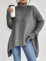 Women's Chunky-Knit Ribbed Oversized Turtleneck Sweater in Stone Gray