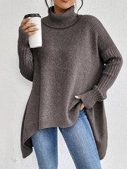 Women's Chunky-Knit Ribbed Oversized Turtleneck Sweater in Espresso Brown