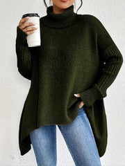 Women's Chunky-Knit Ribbed Oversized Turtleneck Sweater in Pine Green
