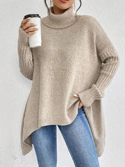 Women's Chunky-Knit Ribbed Oversized Turtleneck Sweater in Desert Khaki